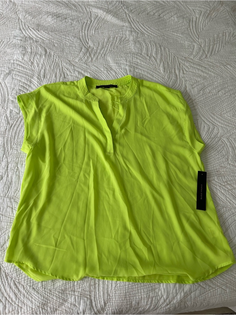 Cynthia Steffe Neon Lime Split V-Neck Cap Sleeve Blouse